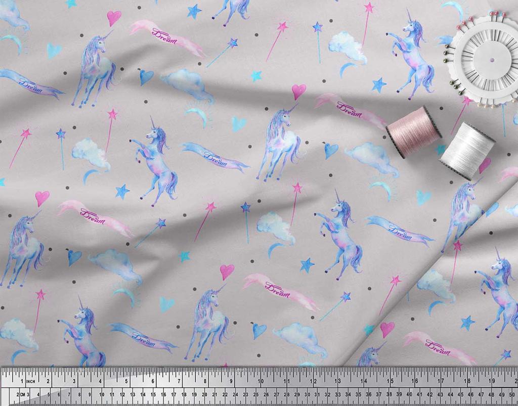 Soimoi Gray Japan Crepe Satin Fabric Cloud & Unicorn Animal Print Sewing Fabric metre 42 Inch