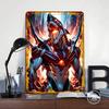 Cybernetic Shark Warrior in Fiery Cityscape Tinplate Poster Customized Wall Art Vintage Retro Metal Signs for Office Decor Room