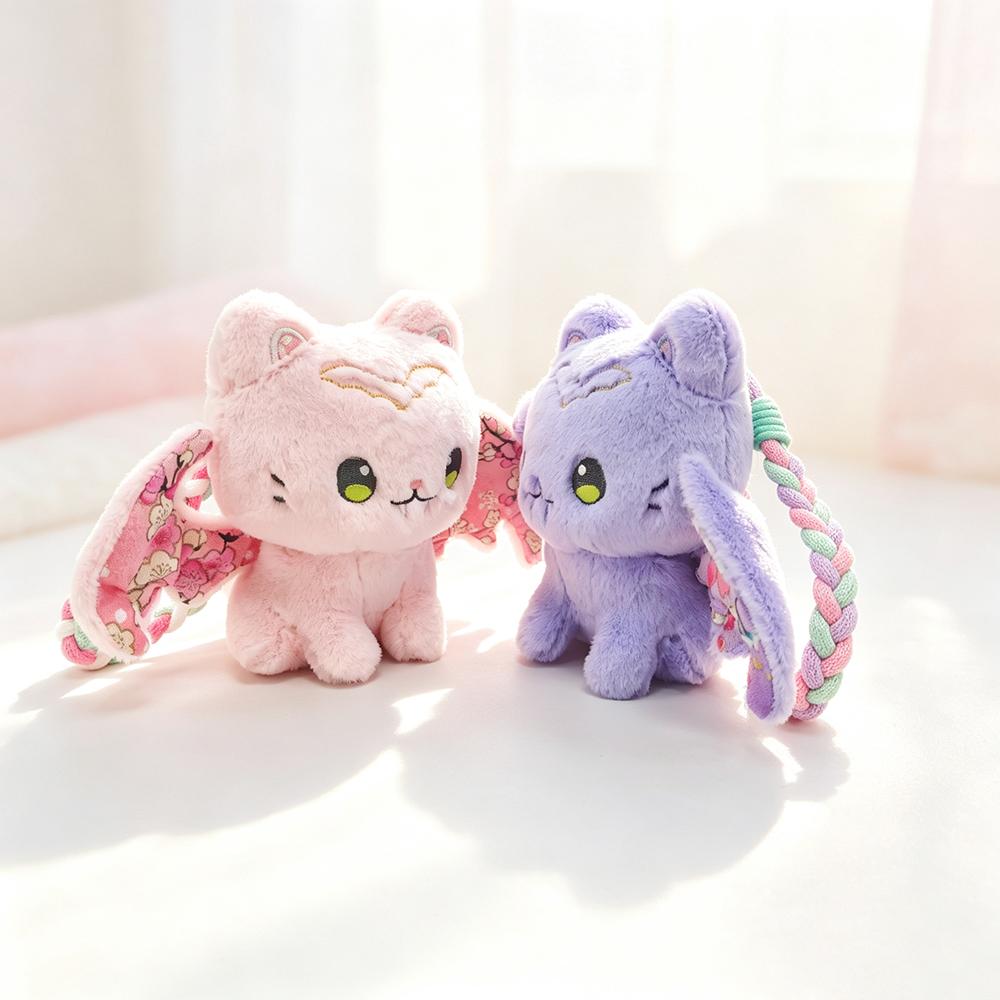 Cute Sakura Bat Cat Plush Keychain Kawaii Kitten with Wing Stuffed Toy Pendant Soft Fluffy Animal Doll Bag Charm for Girls Gift