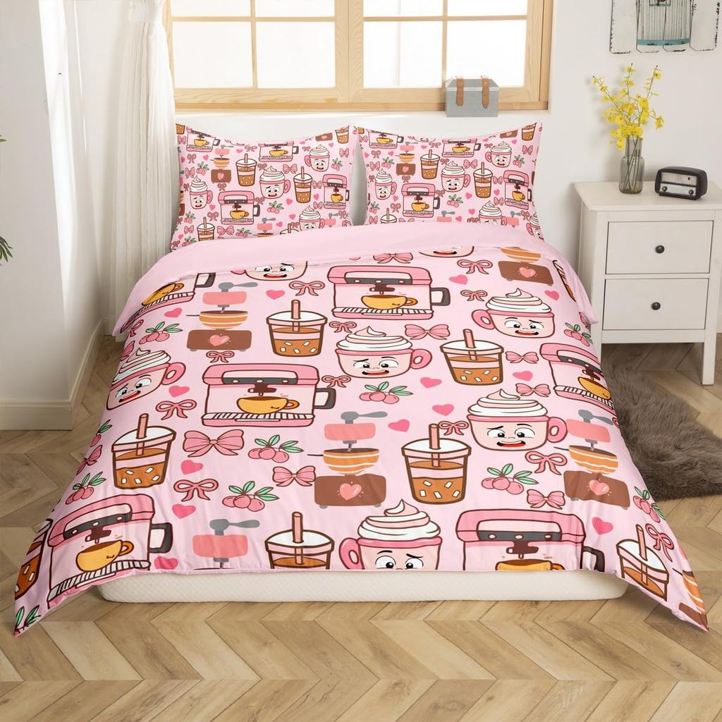 Cartoon Milk Tea Duvet Cover for Kids Teens Lightweight Quilt Covers Bedroom Decor Afternoon Tea Themed Bedspread Cover No Quilt