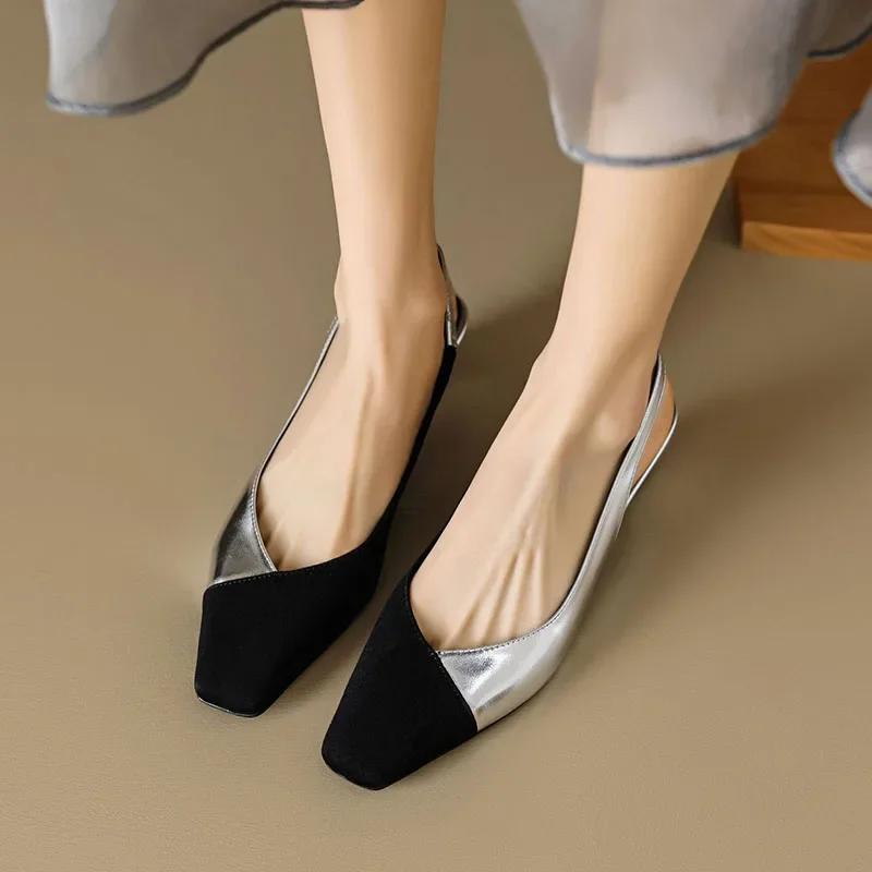 Women Square Toe Sandals Black Toe Patchwork Pumps Gold Sliver Slingbacks Mid Heels Summer Female Dress Shoes Plus Size 41