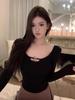 French Chic Sexy U-neck Hollow Long Sleeve Slim Top for Women