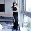 Temperament Single Shoulder Fishtail Dress Women's Waist and Thin Long Bow Design Banquet Evening Dress Celebrity Long Dress