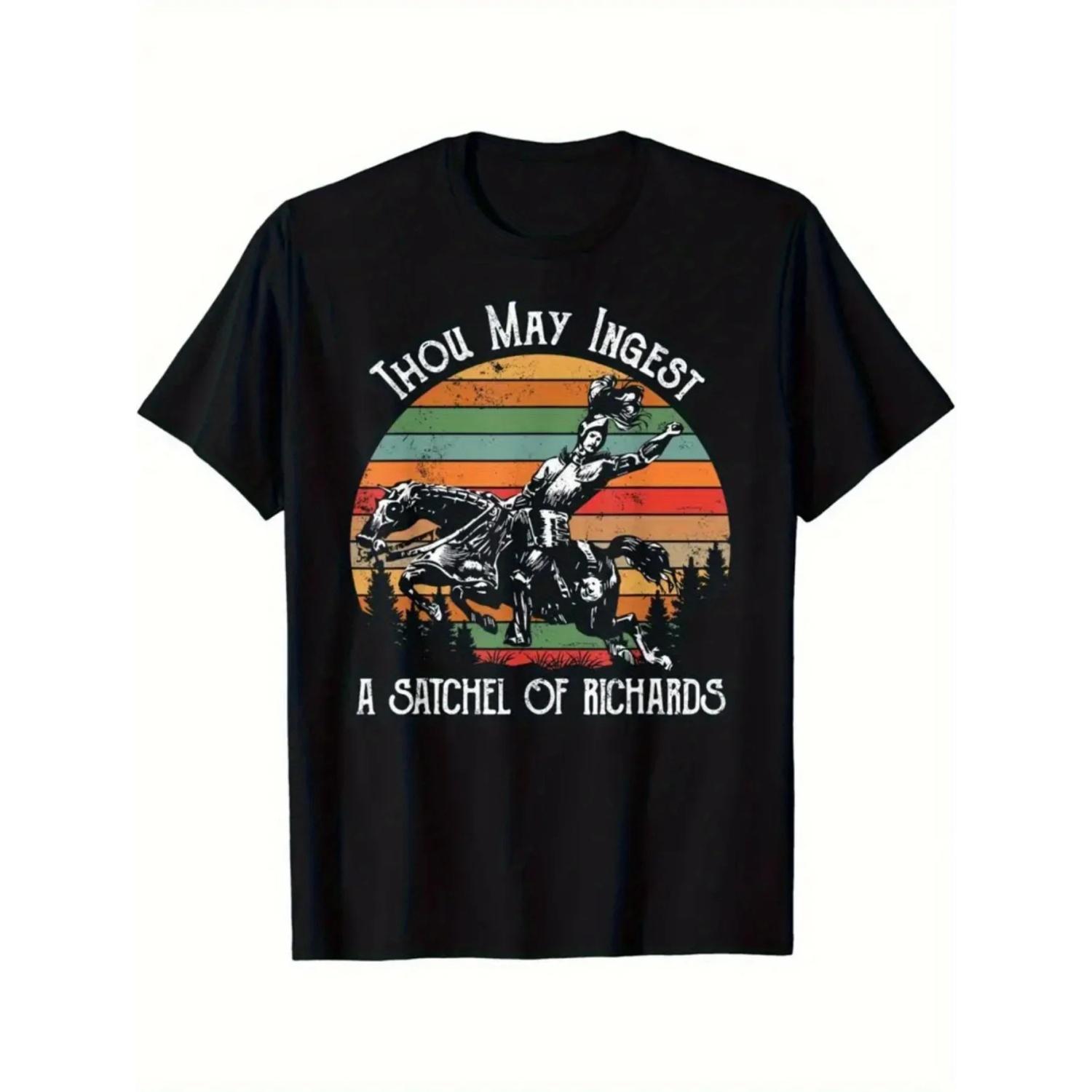 

Funny _Swallowing A Bag of Richards_ Printed T-shirt with Knight and Dragon Pattern Black Humorous Fantasy Design, Fun T-shirt XXXXXL чорний