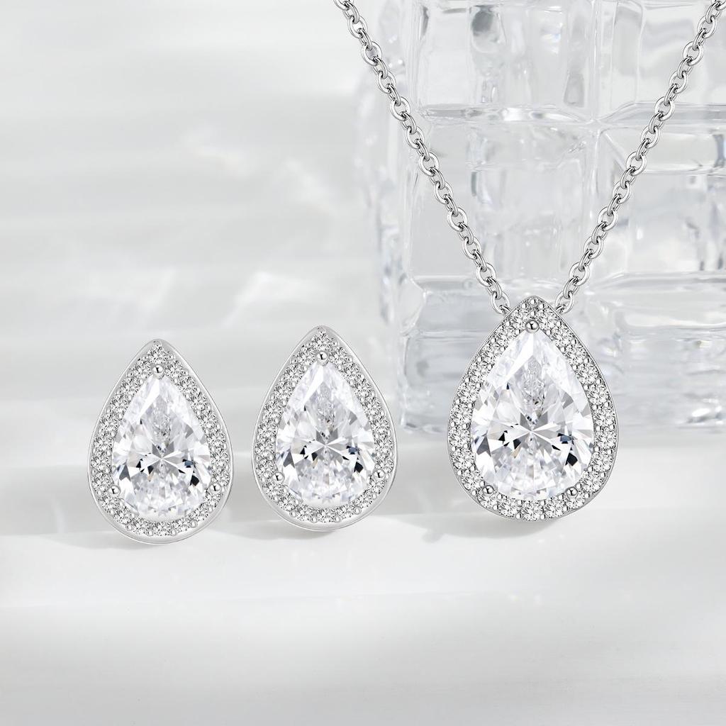 European & American Bridal Set: High-End Rhinestone Water Drop Zirconia Necklace