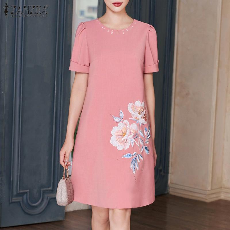 ZANZEA Women Casual Round Neck Short Sleeve Summer Floral Dress