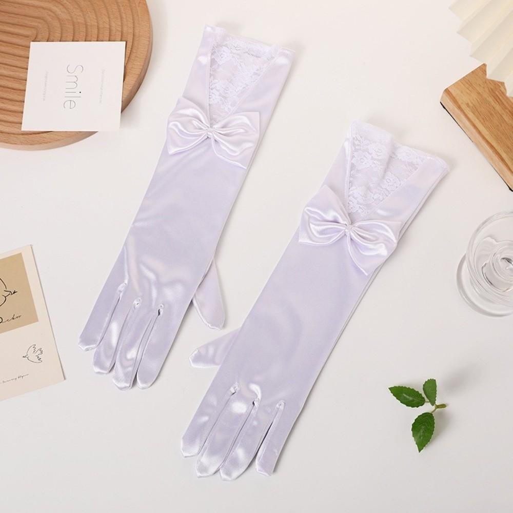 Bowknot Satin Bride Gloves Long Sleeves Etiquette Gloves Wedding Dress Accessories