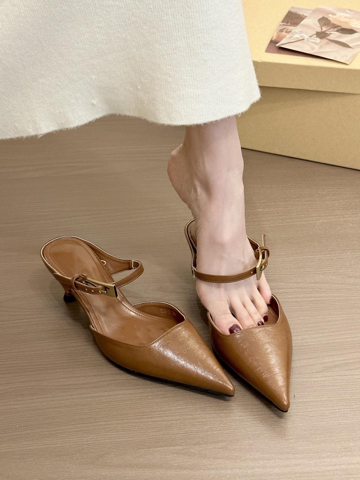 

Paris Weekend! Vintage Brown Pointed Head Bag Head Half Slippers Women S Spring Commuter Stiletto Shoes 35