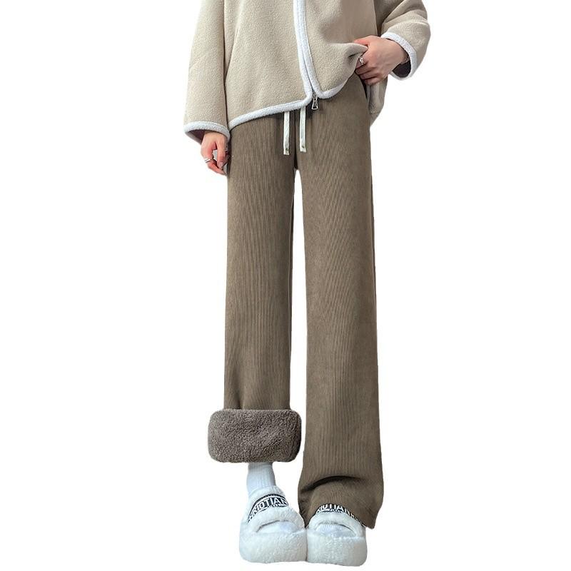 2024 Women's Slim Fit Fleece-Lined Cotton Pants: Winter Outerwear, Petite Wide Leg, Straight Leg Sportswear