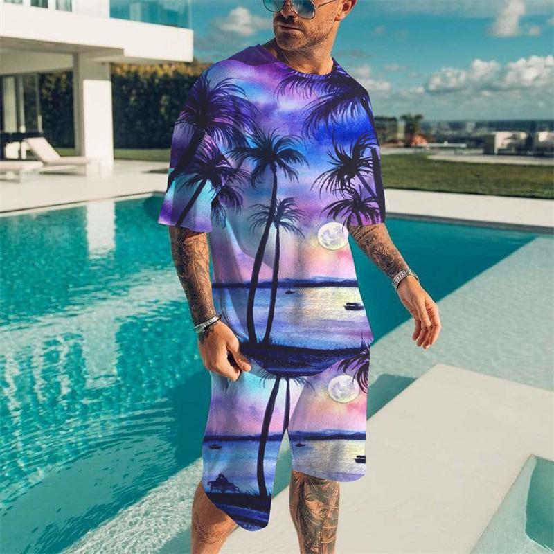 

Tropical Plant Pattern T-shirts Set Men Summer Beach Vacation T-shirtsHawaiian XXS