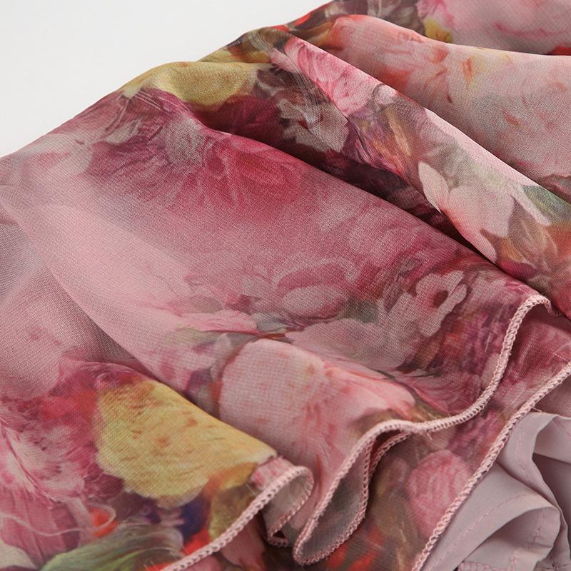 European Style 2024 Floral Print Irregular Maxi Skirt with Double-Layer Ruffles