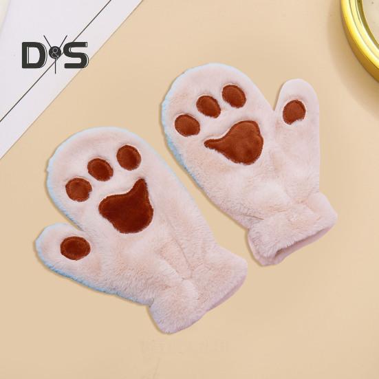 1 Pair Women Winter Mittens Cartoon Cat Paw Shape Thick Plush Anti-slip Heat Retention Outdoor Skiing Cycling Gloves