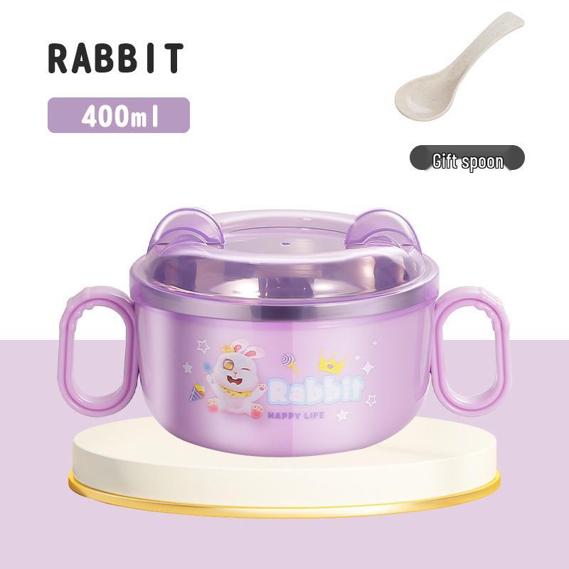 304 Stainless Steel Anti-fall Children's Bowl with Lid, Double Ear, Cute Cartoon for Infants.