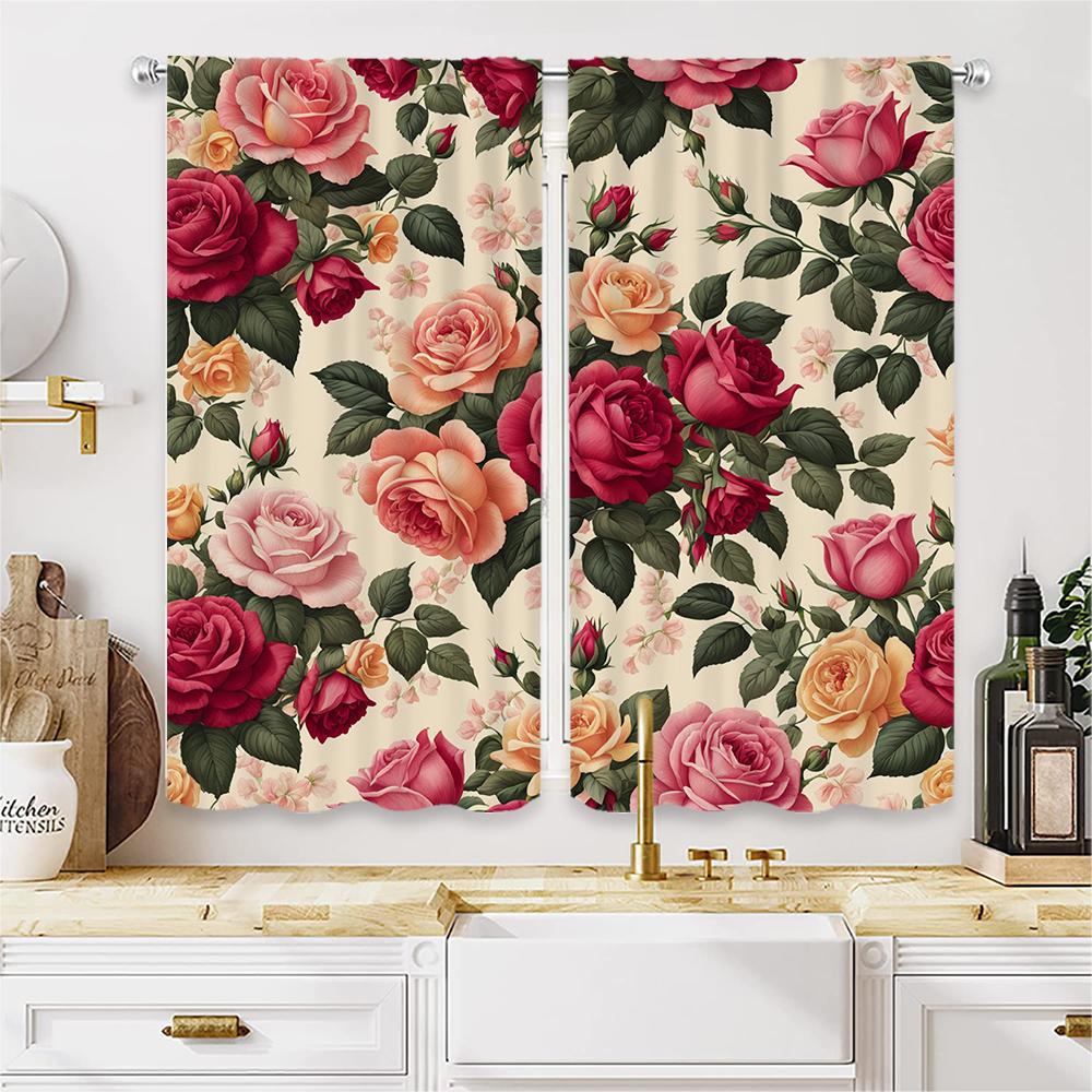 Piece Set High Definition Digital Printed Curtain Floral Roses Pink Red Green Fabrichome Decorati Vintage Made Of Polyester With Rod Pocket Washable