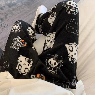 Calças de Pijama de Flanela de Natal da Gata KT Desenho Animado para Mulheres - Roupa de Dormir Quentinha de Lã de Gatinho para Outono/Inverno