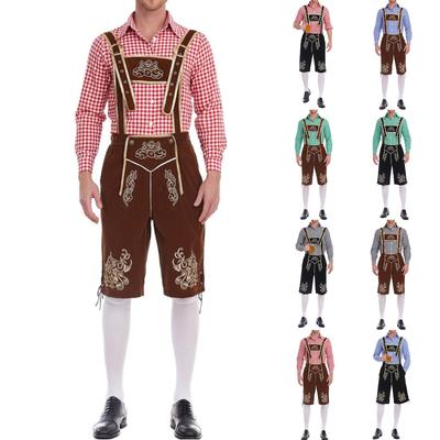 Pánský bavorský oblek na Oktoberfest - Kostkovaná košile a kalhoty s kšandami