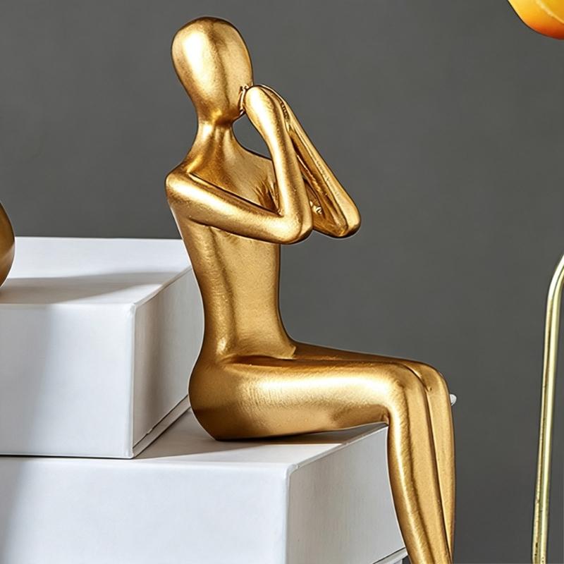 Shelf Sitter Statue Abstract Art Sculptures Matte Gold Sitting Thinker Figurine Seating Display Statue for Consoles Table, Shelf Arrangement and