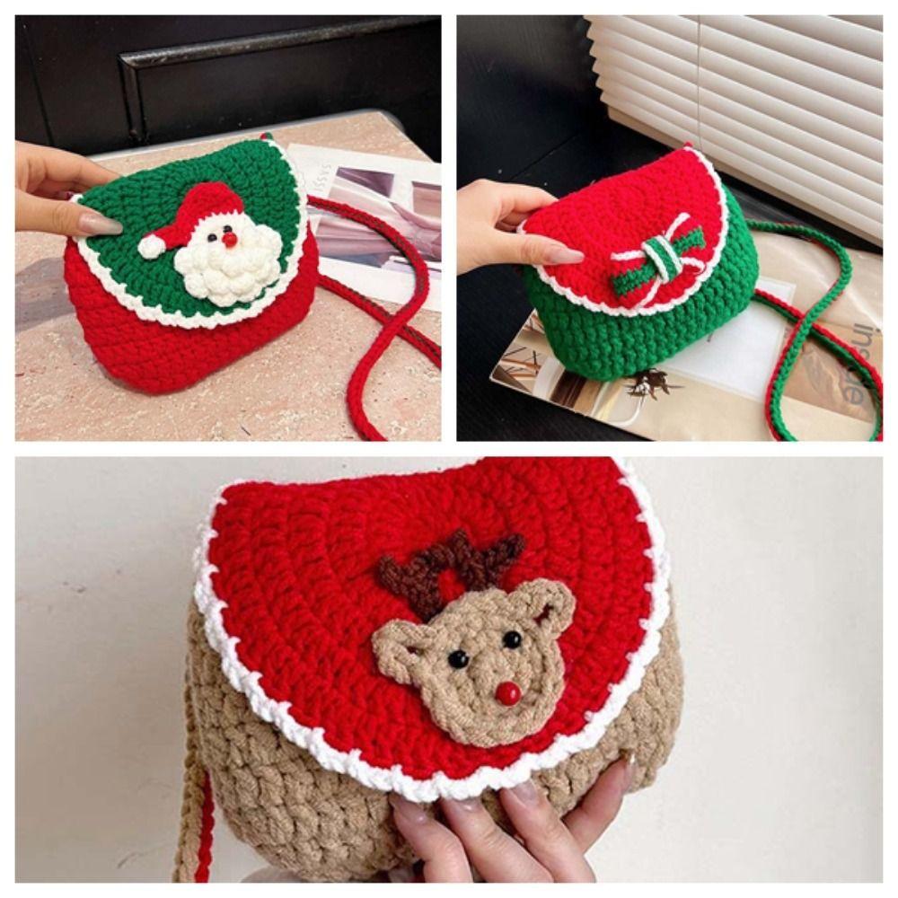 Elk Deer Woven Square Pouch Bow Contrasting Colors Purse Portable Christmas Crossbody Bag  Kids