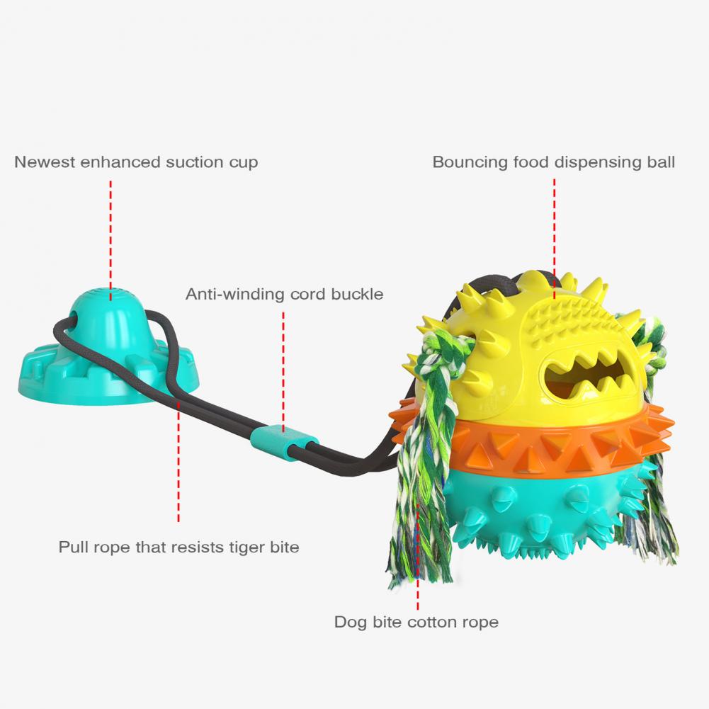 Dog Squeaky Ball Toy Dog Chew Toy with Suction Cup Puppy Teething Food Dispensing Ball Self Play Rope Tug Teeth Cleaning Dog Toy