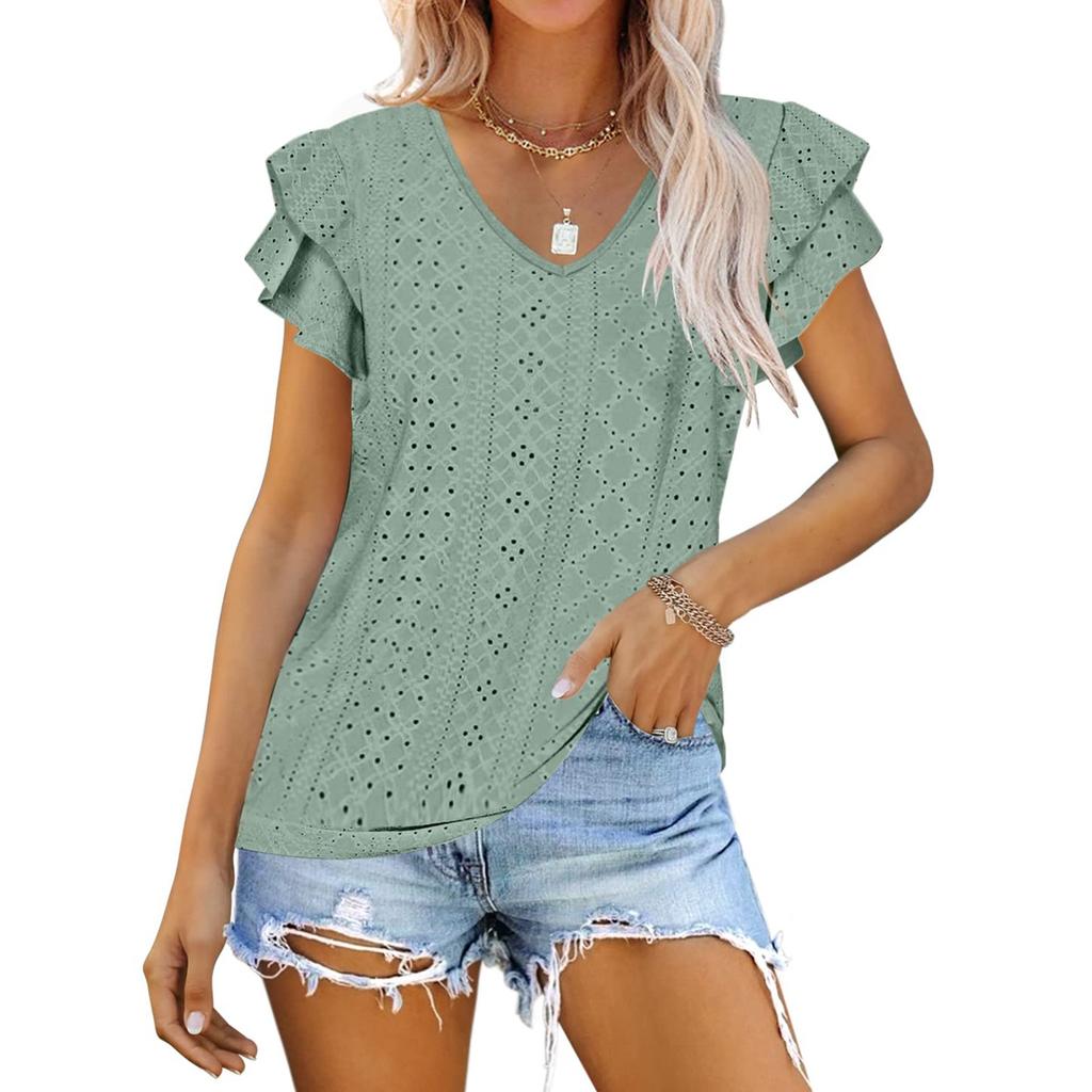 Women's V Neck T Shirt Summer Hollow Casual Ruffle Sleeve Tops Blouse