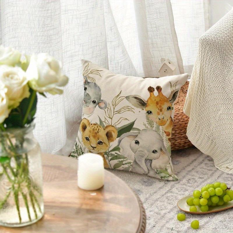Süße Safari-Tiere Kissenbezug 2D-Druck Polyester Sofakissenhülle – Aquarell Elefant, Giraffe & Löwenbaby Dekor