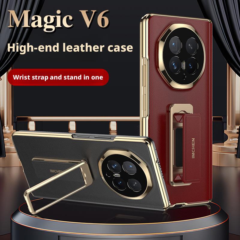 Custodia di Lusso in Vera Pelle per Honor Magicv6 Magic V6 Staffa Metallica Rotante a 360° Copertura con Fascia Antiscivolo per Dita