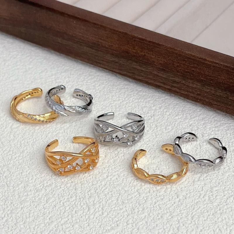 Vintage Luxury Medieval Brushed Woven Open Ring High-End Adjustable Zircon Personalized Ring Women