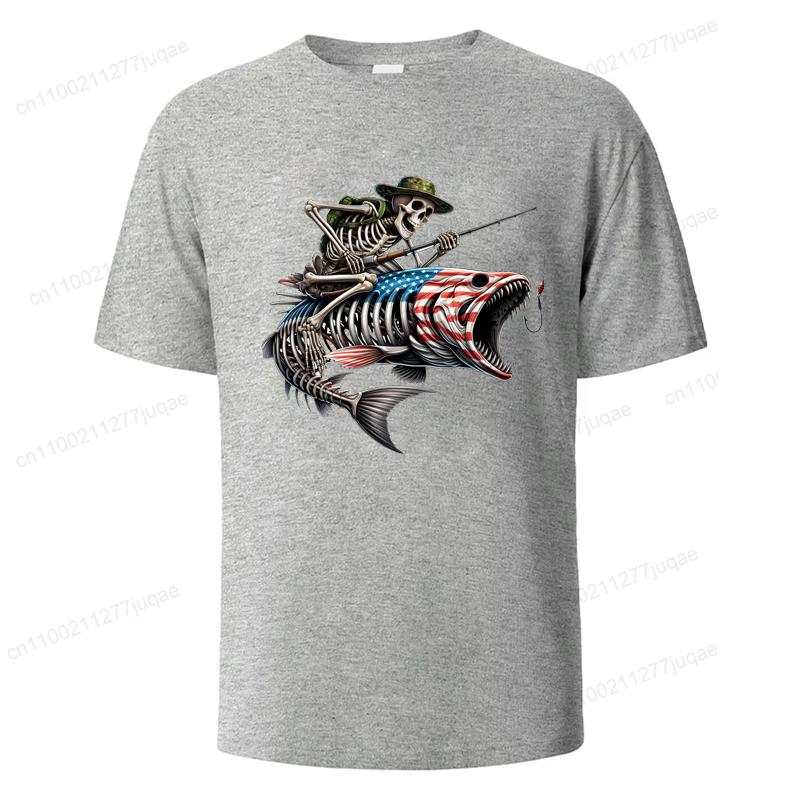 Herren Sommer T-Shirts Lockere Größe Angeln Jäger Print Lässig Bequem Rundhals Kurzarm T-Shirt Fischskelett Herren Top