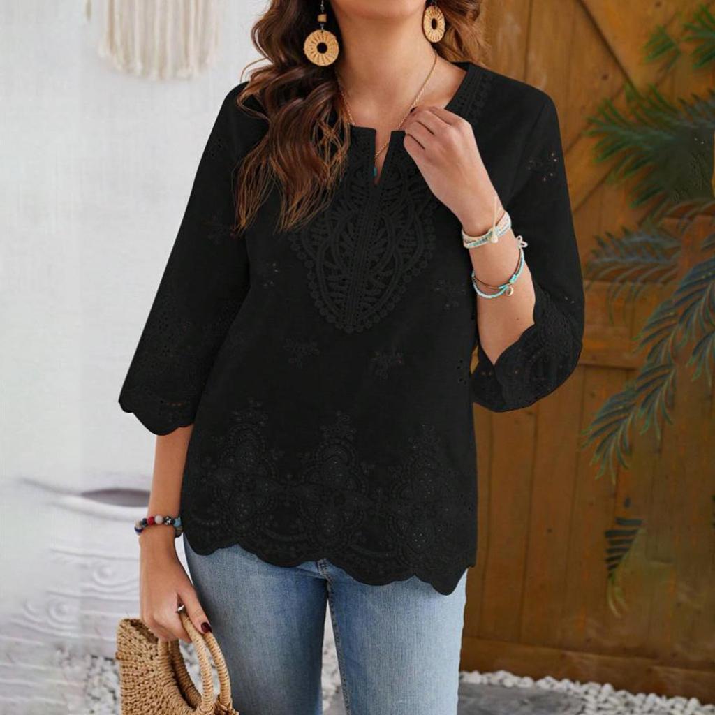 Women's Fashionable And Sexy Lace Trimmed V-neck Spring Three Quarter Sleeve Pullover Shirt