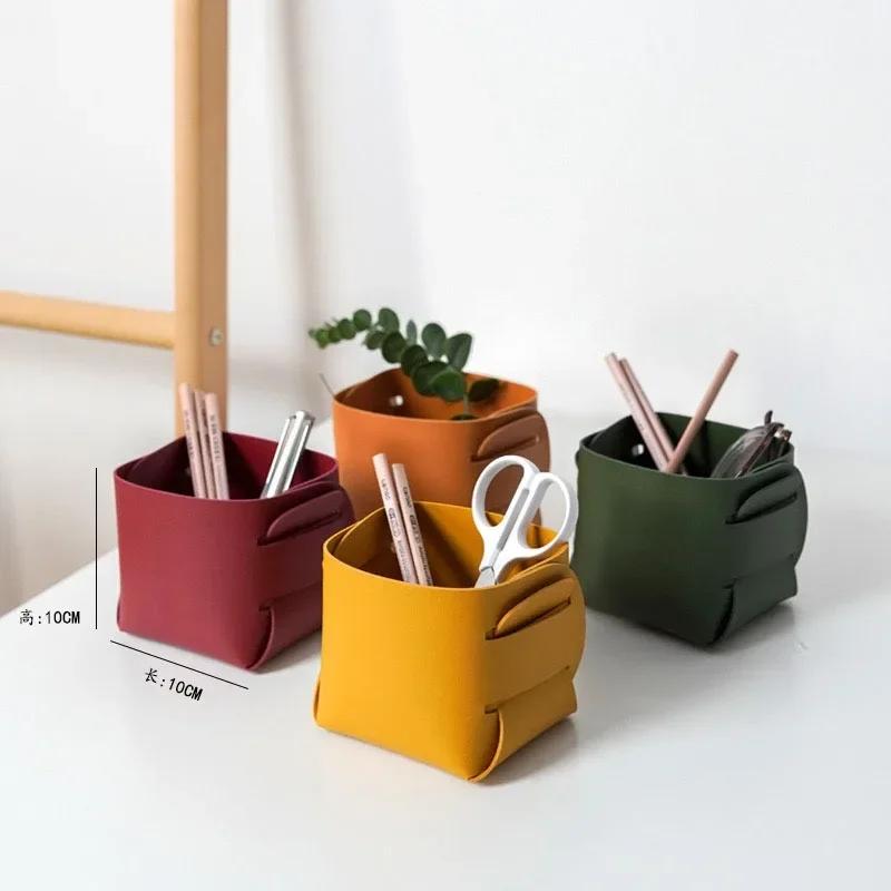 Nordic Makeup Leather Storage Pen Holder Desktop Sundry Collapsible Remote Control Sundry Bucket Storage Box