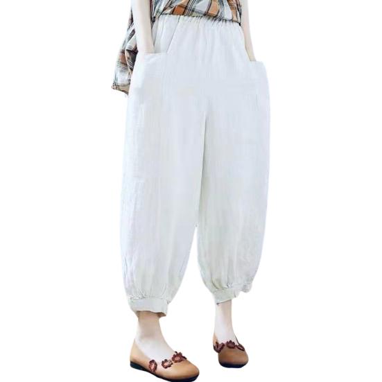 Lantern Pants Summer Elastic Waist Solid Color Cotton Linen Dual Pockets Ankle Length Loose Fit Women Harem Baggy Trousers Daily Wear