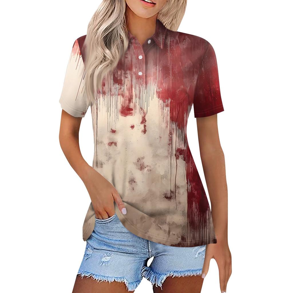 Dámská móda Ležérní klopa Krátký rukáv Halloweenský potisk Košile Dámské zapínací topy