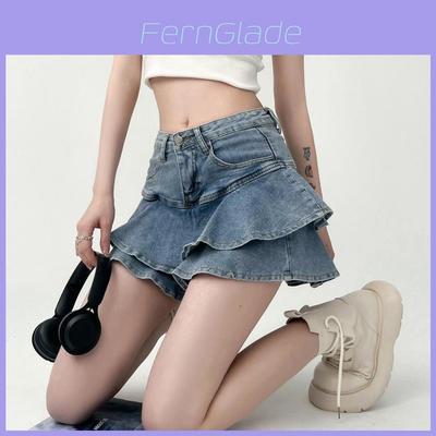 Denim Mini Skirt For Women High Waist Splicing Summer Ruffled Fashionable Casual For Teens