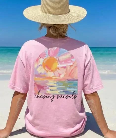 Chasing Sunsets Shirt Aesthetic Beach Vacation Graphic Tee 3XL