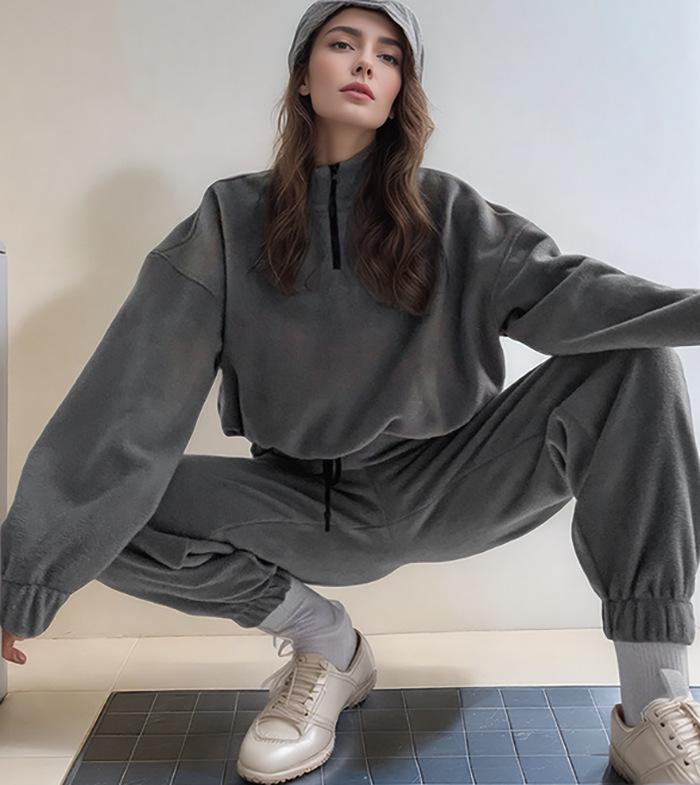 2025 Autumn/Winter Women's Fashion Loose Zipper Stand Collar Hoodie & Casual Two-Piece Set