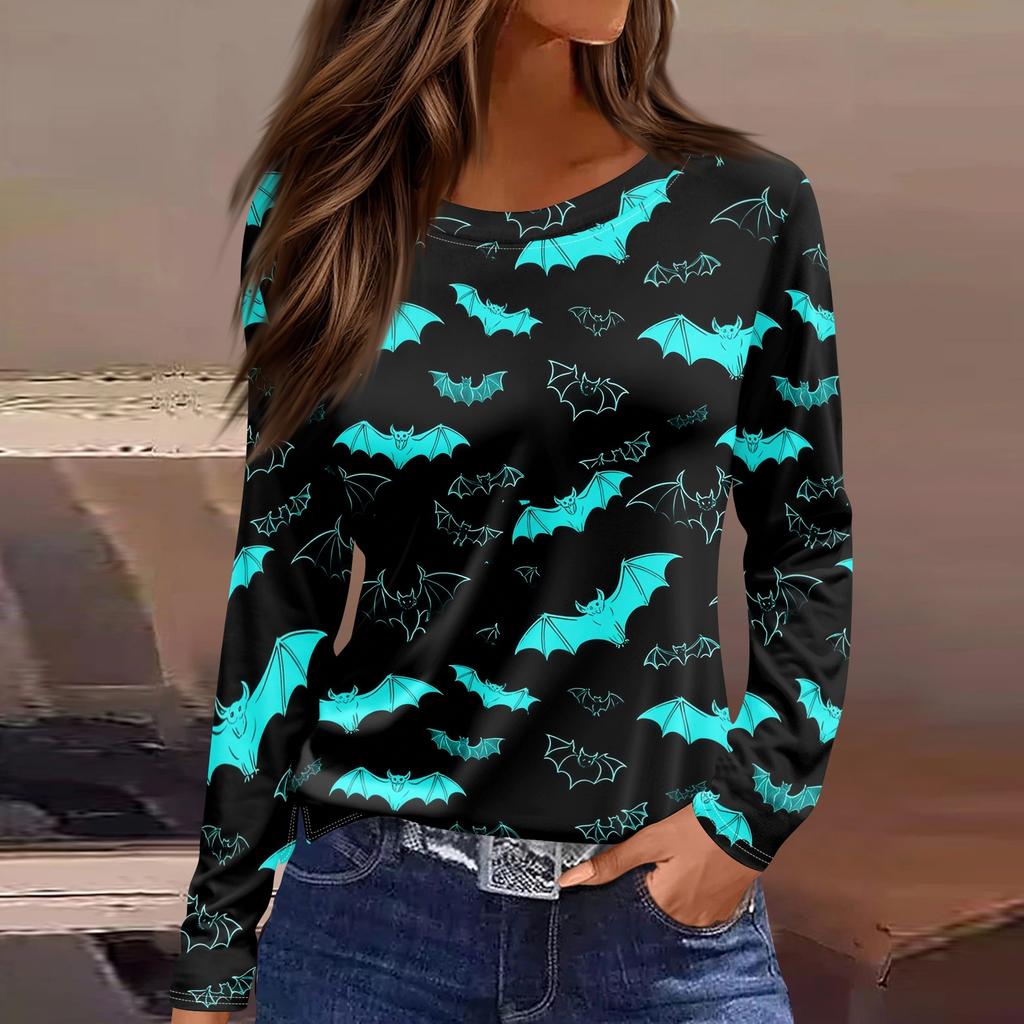 Women's Fashion Long Sleeve Neck Top with Hem Slit Halloween Print for Party