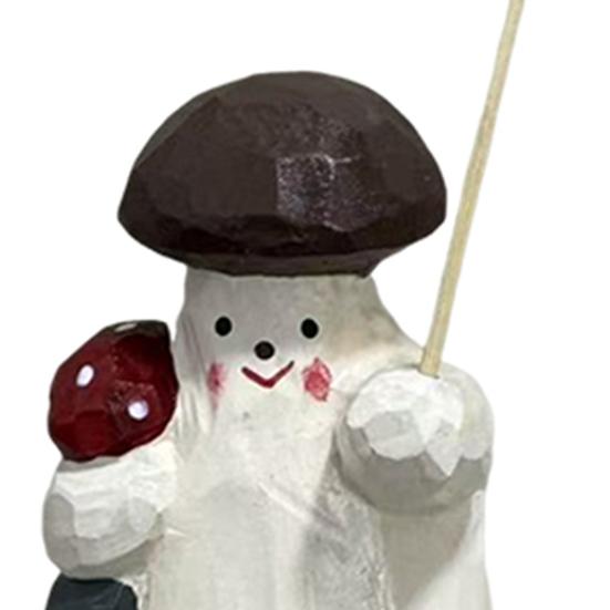 Wooden Mushroom Figurine Hand-Carved Mushroom Elf Holding A Balloon Rustic