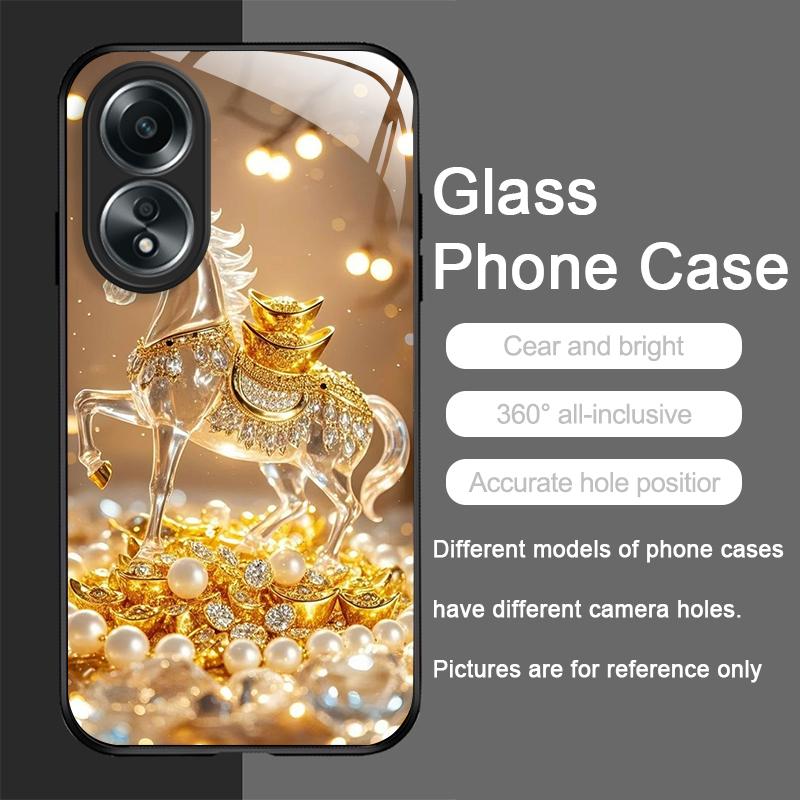 

Luxury Crystal Golden Horse Pattern Tempered Glass Phone Case for OPPO Realme 14 13 Pro Plus 12 11 10 Neo 3 X7 PRO C75 C67 Cover Realme C65 4G