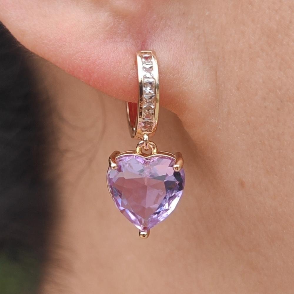 1 Pair Fashion Purple Heart Shape Artificial Crystal Dangle Earrings for Women Zirconia Earring Jewelry Wedding Party Accessories