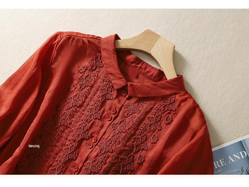 2025 Summer Women's Seven-Sleeve Cotton Linen Shirt with Floral Embroidery and Retro Turn-Down Collar