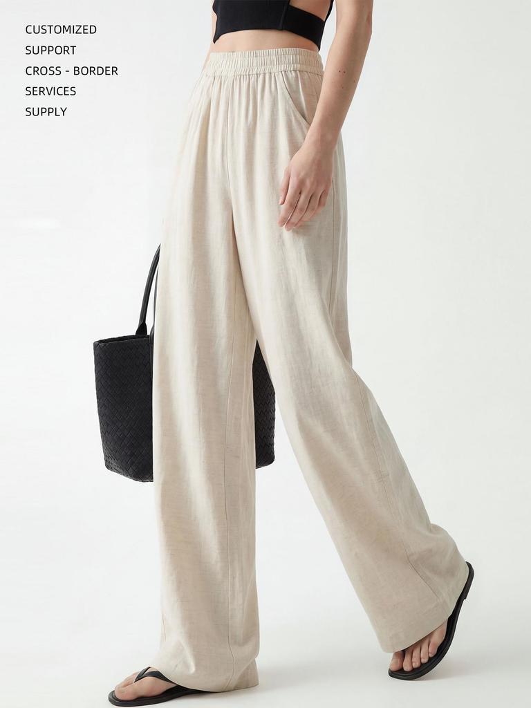 Women's Summer Linen Wide-Leg Pants - Loose, Floor-Length, Casual Fit