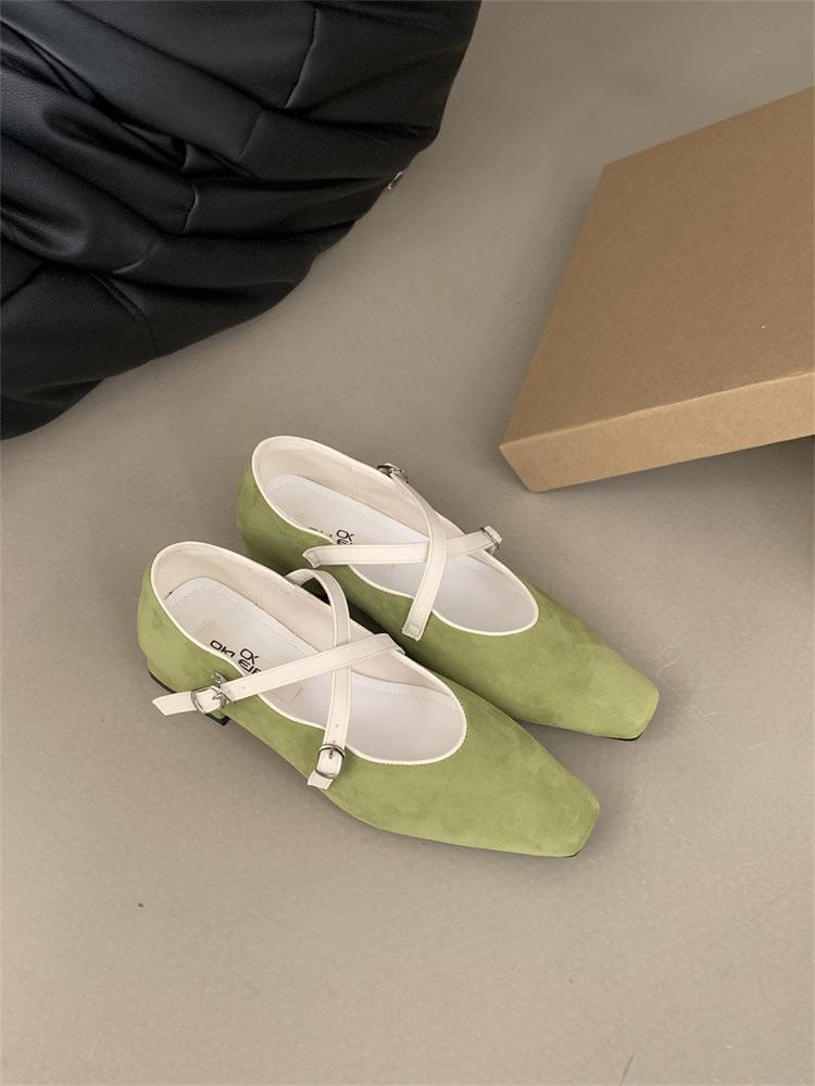 

Cross-strap Mary Jane shoes women s 2025 autumn new small square head thick heel suede soft sole single shoes ballet shoes 39