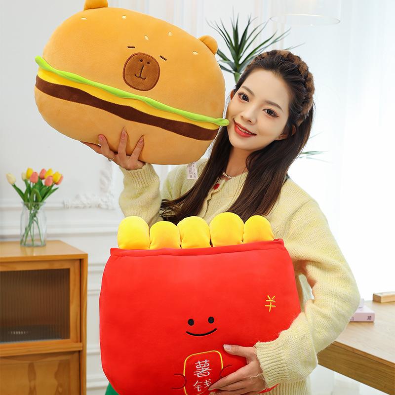 New Cartoon Fries Plush Toy Pillow Doll Hamburger Capybara Doll Rag Doll Give Girl Birthday Gift