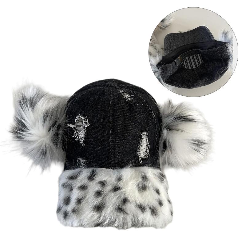 Fashionable Baseball Caps Unique Pompoms Furry Brim Dotted Pattern for Idol Concert Shows Stage Dance Headwear