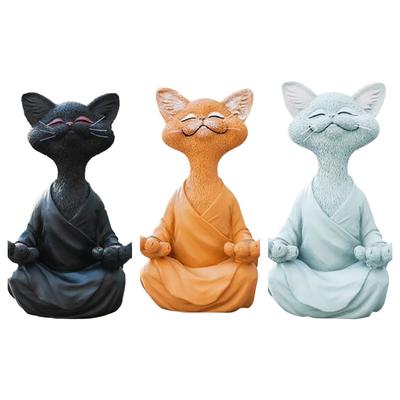 Meditation Animal Meditation Cat Resin Crafts Ornament Zazen Cat Flower Home Garden Decorative Statue