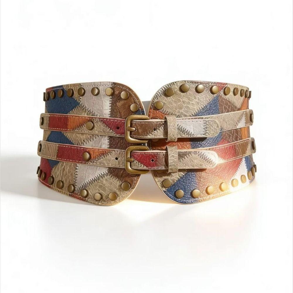 Spicy Girl Rivet Belt PU Leather Elastic Cummerbunds Vintage Wide Waistband  Ladies