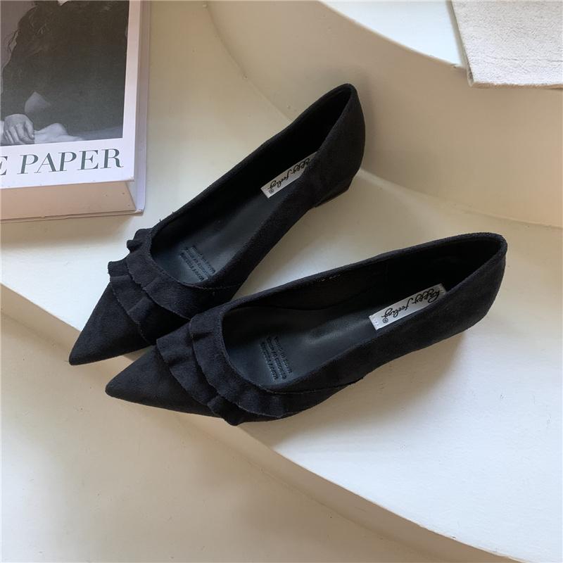 Fashion Bailamos 2025 Autumn Women Single Shoes Square Low Heel Dress Pumps Shoes Fashion Ruffles Pointed Toe Shallow Slip On Boat Shoes