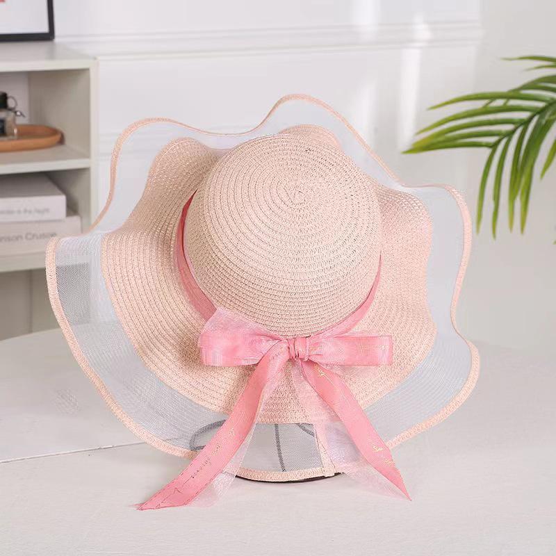 Fashion Flat-Topped Straw Hats Girls Wide Brim Sun Hat Outdoor Lace Bow Strap Lightweight Uv Protection Beach Cap