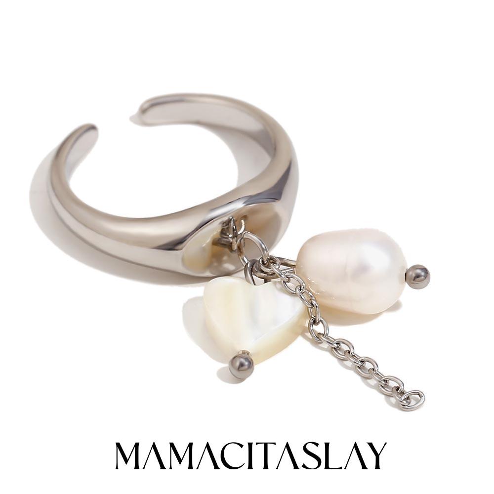 MamacitaSlay Unique 18K Gold Plated Stainless Steel Pearl Geometric Open Rings Waterproof Jewelry Women's Creative Charm Gift