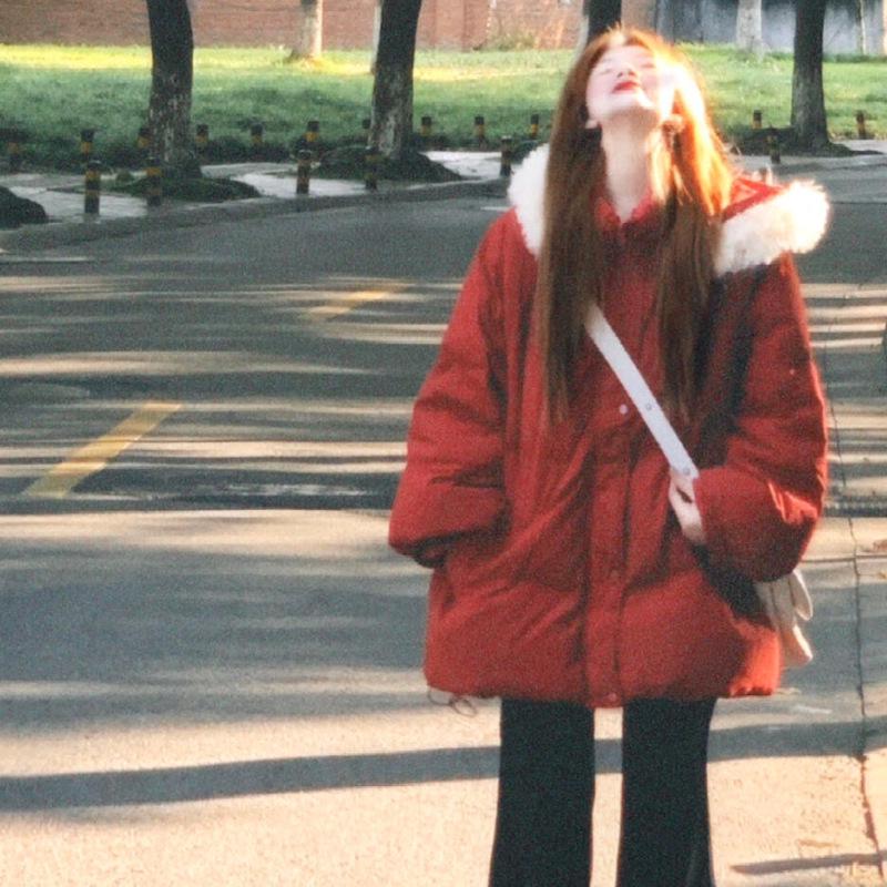 

Plus-Size Women s Korean Style Hooded Cotton Jacket - Age-Reducing, Thickened, Cute Red Jin Te 300 5XL (210-240 jin)